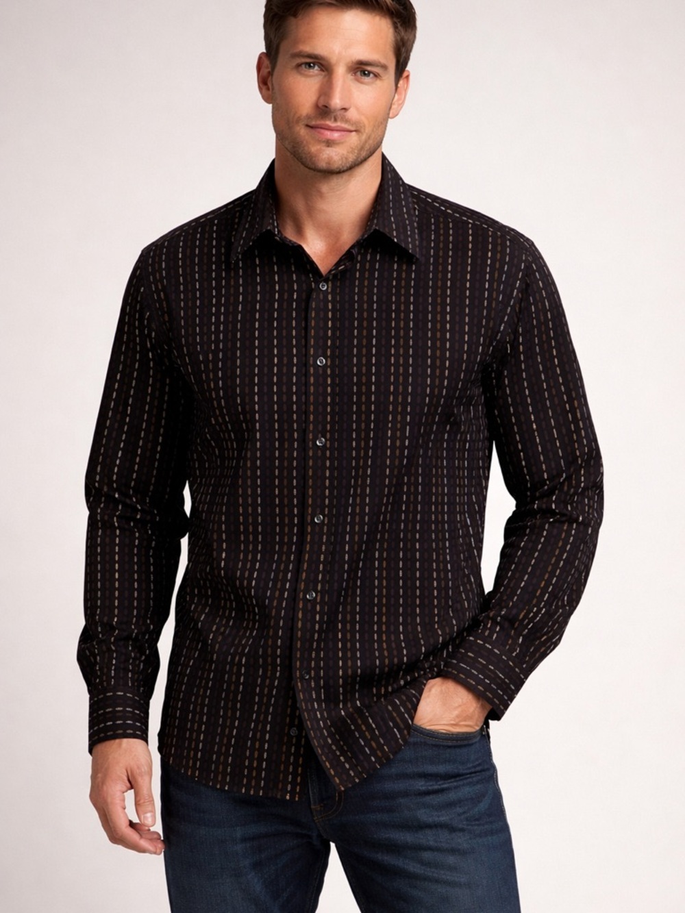 Axcess Men's Black Button-Down Shirt with Vertical Dotted Stripe